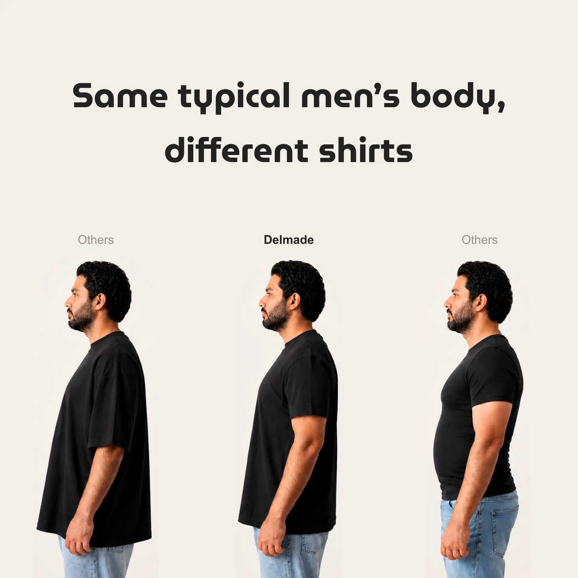Same body, different shirts — side fit comparison
