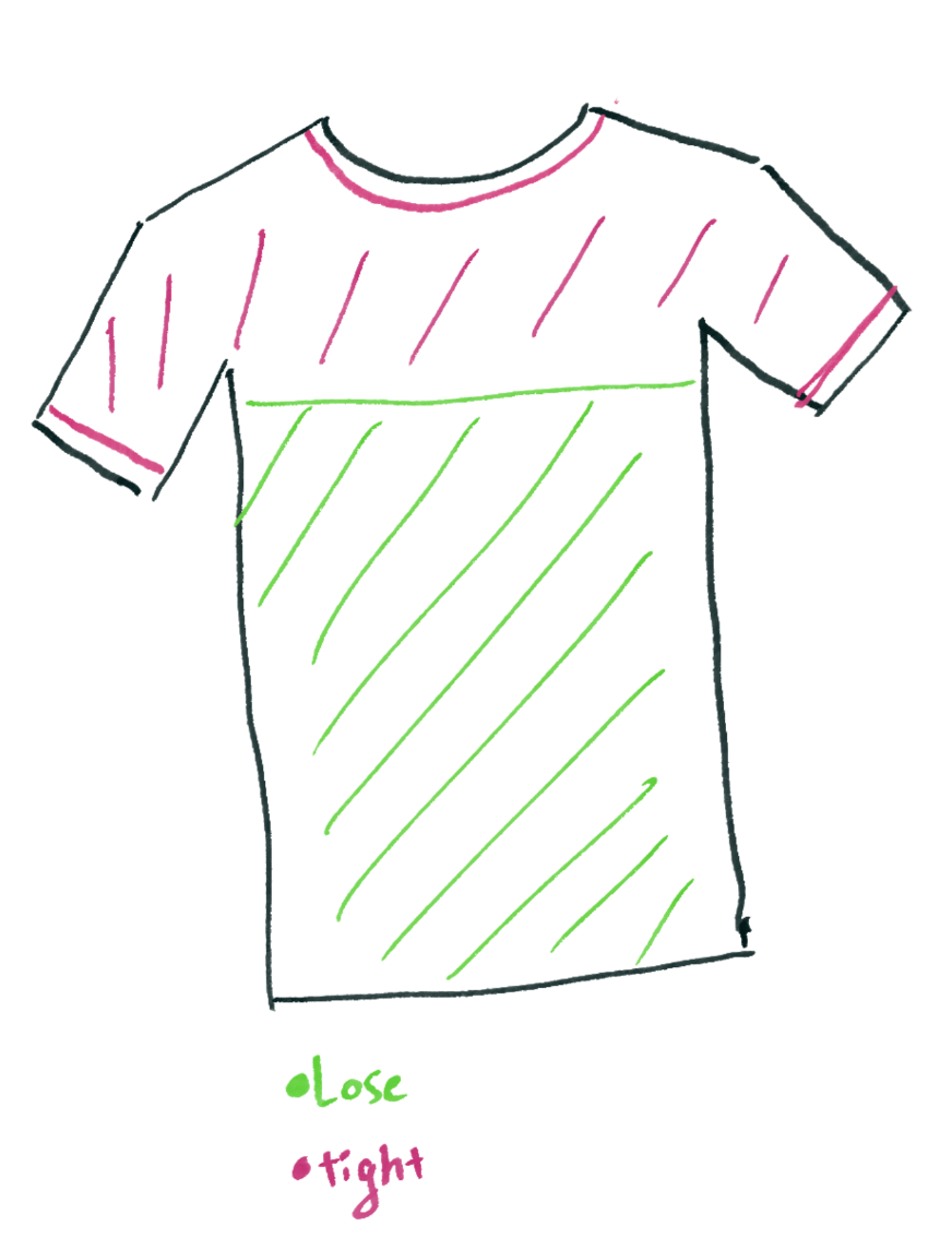 Sketch showing a tee fitted through the chest and looser through the body