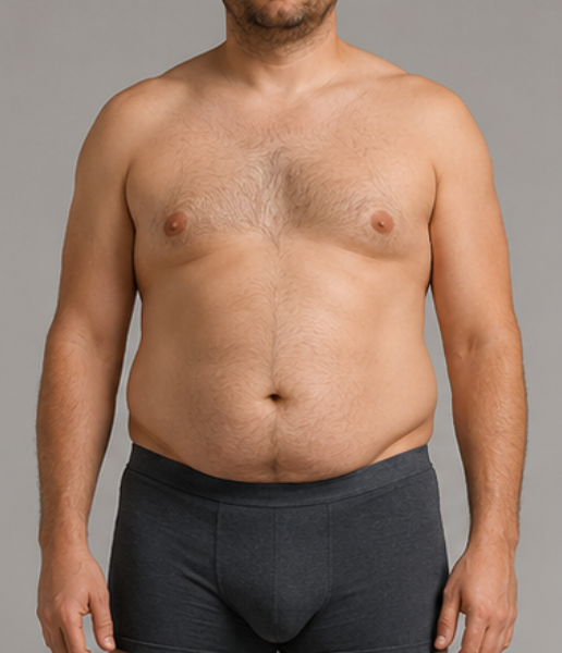 Torso of an average-build man in underwear, representing real body proportions